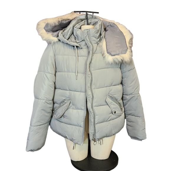Topshop Grey Hooded Puffer Jacket Size 12 - Picture 1 of 7